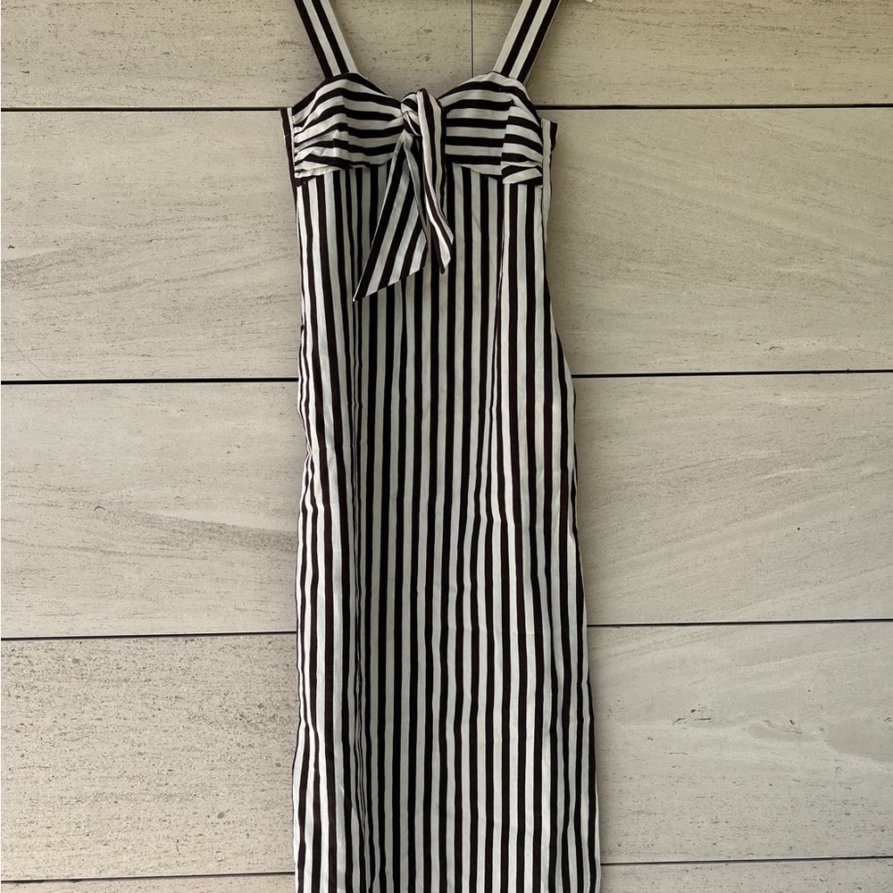 Massimo Dutti Brown and White Striped Tie-Front Linen Dress